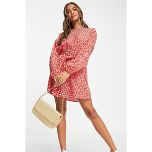 Wednesday's Girl Red Ditsy Floral Swing Dress Size L Long Sleeve Mini Boho ASOS